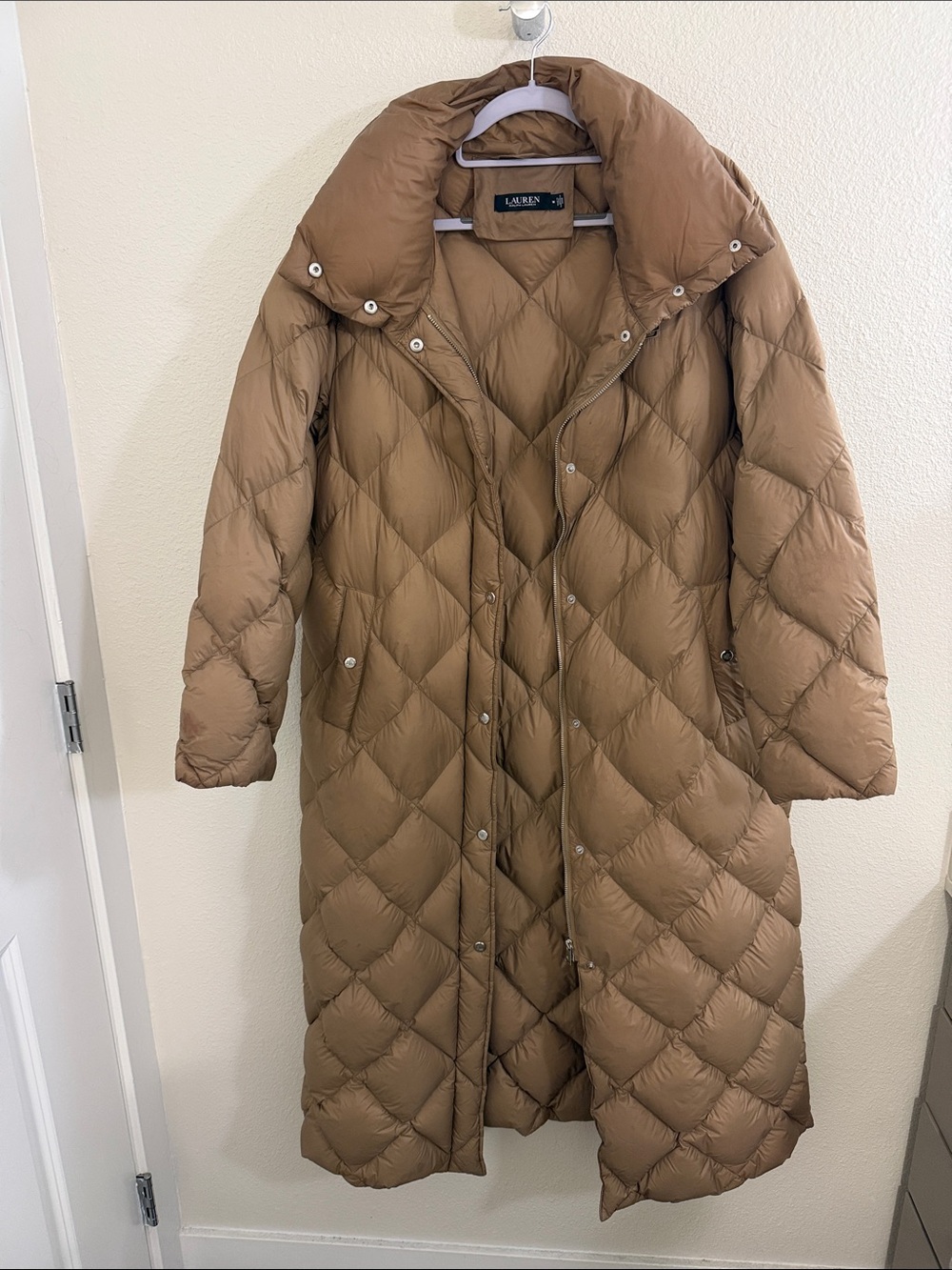 Ralph Lauren Long Quilted Puffer Coat in Camel